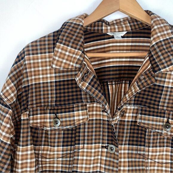 Cato Plaid Cropped Button Front Jacket Shacket Fringe Trim, Size XL - Picture 3 of 7